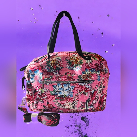 NEW Ed Hardy Pink Skull Rhinestones Patch Print Large Women's Bag 18"x14"x6" NWT - Picture 2 of 5